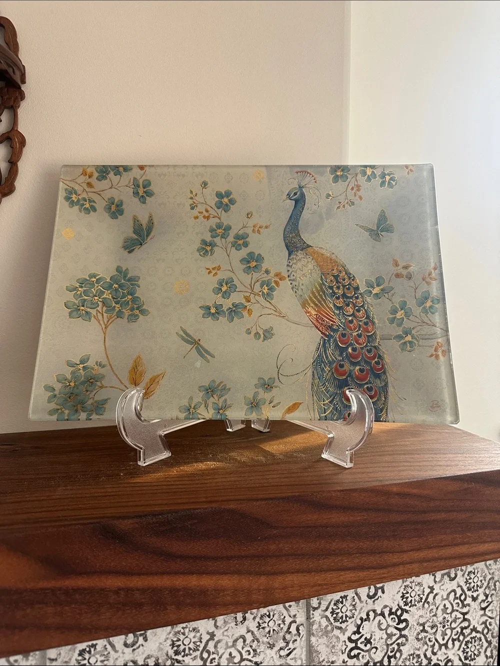 Cracker Barrel Exclusive Daphne Brissonnet “Ornate Peacock” Glass Serving Tray